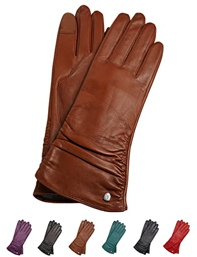 AKAROA ESTD 2019 Lederhandschuhe Damen BEA, Touchscreen Funktion, italienisches Leder, recyceltes Strickfutter aus 50% Kaschmir und 50% Wolle, 4 Größen S - XL, cognac, M - 7,5