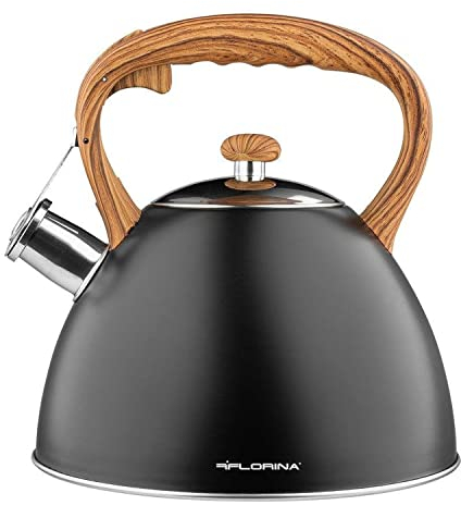 FLORINA - Bouilloire Inox (2,5 l) I Bouilloire Sifflante FRANK I Poignée Résistante à la Chaleur I Bouilloire non Electrique I Bouilloire Induction, Gaz I Pour Thé et Café I Couleur: Noir