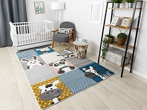 rugsx Kinderteppich Petit für Babyzimmer, Spielteppiche, Kinderzimmer, Zoo Tiere Sahne grau 140x190 cm