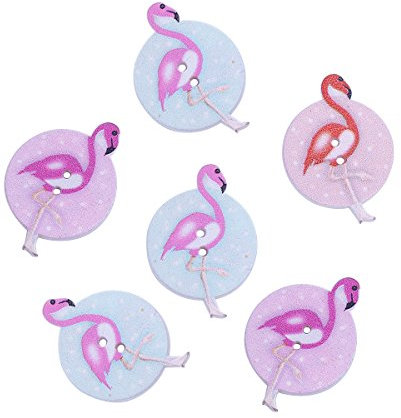 SiAura Material - 50 Stück Runde Holzknöpfe Scrapbooking Flamingo 34mm x 25mm, zufällig gemischt, 2 Löcher I Zum Nähen, Basteln und Dekorieren
