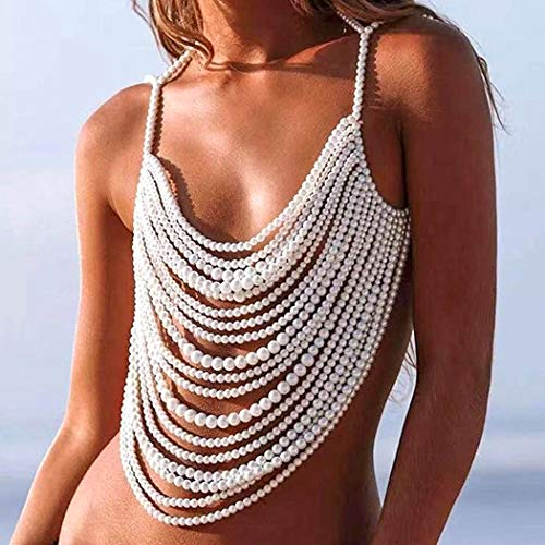 Sethain Pearl Crop Top Sexy Pearls Chest Chain Bra White Body Chain Beach Body Jewelry Accessories for Women