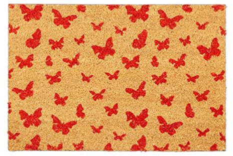 Relaxdays Fußmatte Kokos, 40x60 cm, Kokosmatte, Schmetterling Motiv, rutschfest, Schuhabtreter, innen & außen, natur/rot