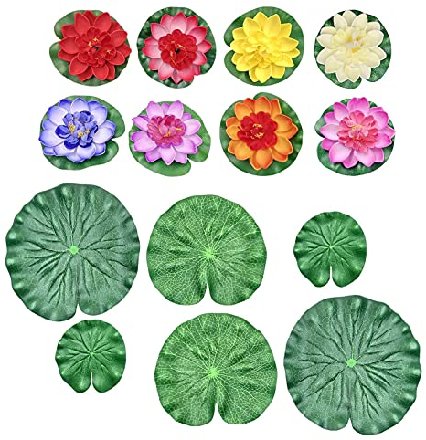JZK 8x Multicolore piante ninfea artificiale e 6 foglie di ninfea, piccolo loto schiuma, fiori artificiali per laghetti, finti fiori galleggianti per giochi acqua, laghetto koi, fontana giardino