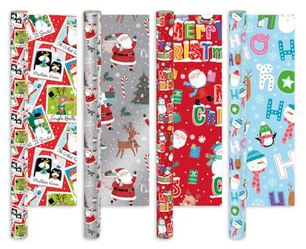 Pack of 4 x 4M Cute Christmas Character Gift Wrapping Paper roll -Perfect for Christmas, Birthday, Festival, Party or Wedding Gift and Festive Decoration