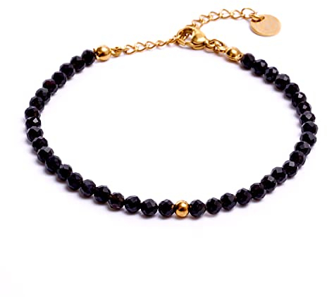 BERGERLIN Obsidian Armband schwarz mit vergoldeter Perle – facettiertes, schwarzes Armband mit Verschluss – Größe XS-S