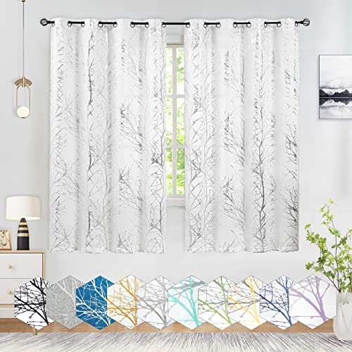 FMFUNCTEX Weiß Silber Voile Vorhänge Transparente Metallic Zweige Muster Gardinen für Wohnzimmer Leinenoptik Vorhang Halbtransparente Modern Ösenschals für Schlafzimmer 2er Set, 175 x 127 cm (H x B)