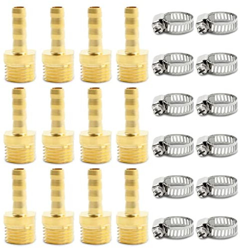 Bwintech 12 piezas de accesorios de espiga para manguera, 1/2 BSP macho x 8 mm conector de espiga con 12 abrazaderas
