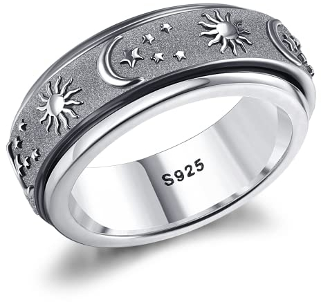 Milacolato 925 Sterling Silber Fidget Ring für Damen Herren 18 Karat Weißgold Vergoldet Spinner Statement Stapelbare Ringe Sonne Mond Sterne Geprägter Bandring für Damen