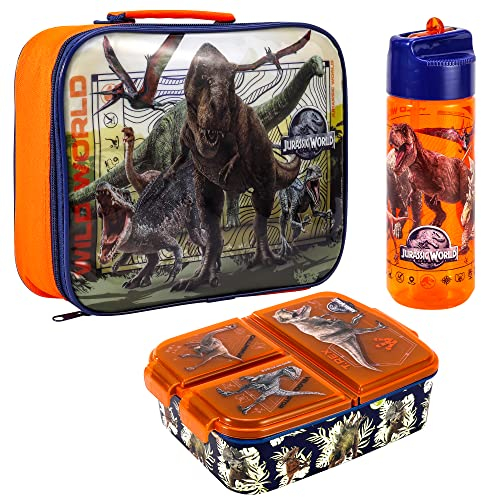Zawadi Global Jurassic World Kids Childrens Lunch Box Set – Insulated Lunch Bag, Multicompartment Lunch Box & 540ml Water Bottle - School Travel Lunch Food Set, BPA Free