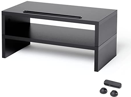 Mondeer Monitor Stand, Desk Computer Screen Riser Wood with Smart Phone Holder and Cable Management, 1/2 Tier for Laptop PC Printer Tablet up to 30KG, Black