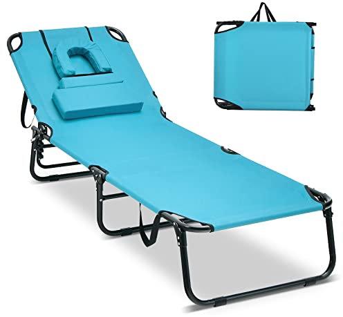 COSTWAY Chaise Longue Pliante, Bain de Soleil Réglable à 5 Positions, Charge 160kg, Trou pour Visage, 3 Coussins Amovible, Tissu Oxford, Sangle, Transat Jardin Exterieur pour Plage Piscine(Turquoise)