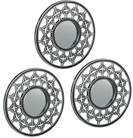 Relaxdays Spiegel 3er Set, runde Zierspiegel, Ø 25cm, Wohnzimmer, Schlafzimmer, Flur, Dekospiegel Ornamente, Silber-grau
