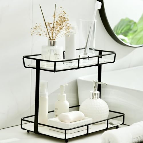 Bathroom Organizer Countertop Perfume Organizer Makeup Organizer Cosmetics Storage Display Rack Vanity Tray Dresser Stainless Steel Gold Shelf White Marble Ceramic Tray (2 Tier L-Black)