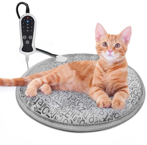 RC SLL Cat Heating Pad,Heated Cat Bed Indoor Electric Warming Cat Bed,Upgraded Adjustable Controller,Waterproof Kitten Heating Pad with Chew Resistant Steel Cord (Letter,Round-40cm)
