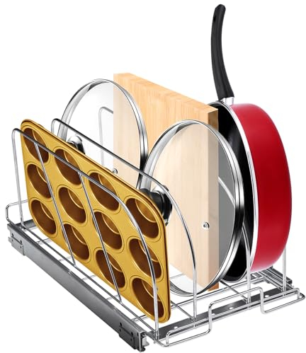 VEVOR Pan and Pot Rack, Expandable Pull Out Under Cabinet Organizer, Cookie Sheet Baking Pans tray Organization, Adjustable Wire Dividers, Steel Lid Holder for Kitchen Cabinet & Pantry Storage, 11.7W