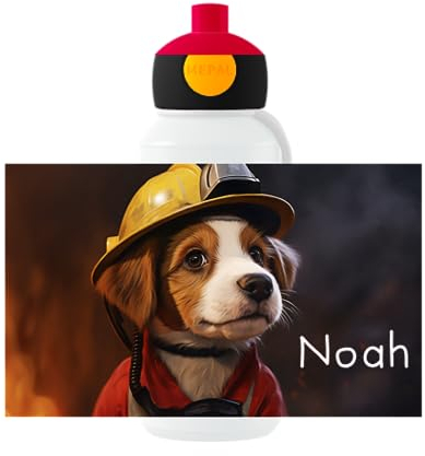 Mepal Gourde personnalisée avec nom - Bouteille d'eau pop-up pour enfants - Campus pompiers - Bouteille anti-fuite pour l'école - Sans BPA et passe au lave-vaisselle - 400 ml - Chien