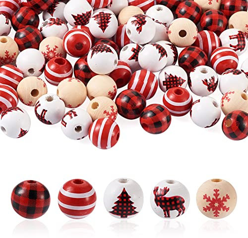 Boutigem 100 perline rotonde in legno dipinte con albero di Natale, alci, fiocchi di neve, per fai da te, artigianato, ornamenti e creazione di gioielli