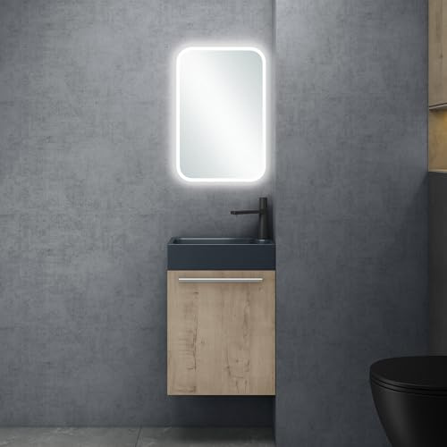 doporro Badezimmerschrank Badmöbel-Set in Eiche Greige BxTxH: 46x26x63 cm Waschbeckenunterschrank mit Mineralguss-Waschbecken in matt Anthrazit Gäste-WC Wandmontage inkl. LED-Spiegel Pisa
