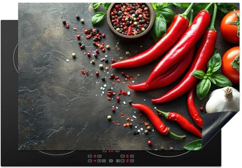 KitchenYeah© Protege Plaque Induction 78x52 cm Deco Cuisine Accessoires | Pratique Protection De Vitroceramique Légumes - Poivre - Rouge - Gris - Béton