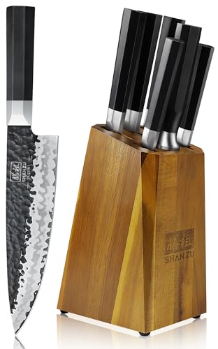 SHAN ZU 7 Piezas Juego de Cuchillos de Cocina con Bloque, Set de Cuchillos Afilados en Acero 9Cr18MOV de 7 Capas, Cuchillo Japonés Forjado a Mano, Bloque de Cuchillo de Chef, Mango G10 - TAKUMI Series