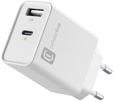 Cellularline - Multiport Charger PD 20 W - Ladegerät mit Zwei Anschlüssen - USB-C-Anschluss 20 W PD - 18 W USB-A-Anschluss - Kompatibel mit Allen Smartphones - Weiß