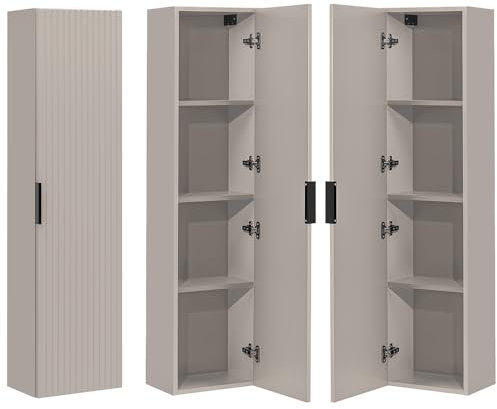 Lomadox Badezimmermöbel in Kaschmir beige gerillt Hochschrank Seitenschrank Badezimmerschrank Badschrank B/H/T: 35/140/25 cm