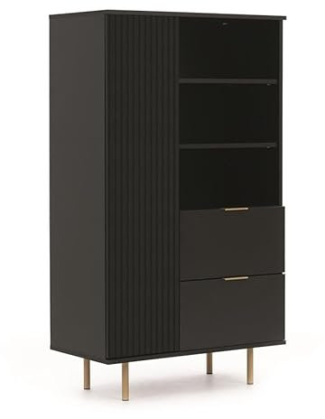 BETTSO - Regal Schwarz - Regal mit Schubladen - 80cm breit, 140cm hoch - Hohe goldene Beine und Griffe, dekorative Rillen - Highboard, Wohznimmer Kommode - Hochkommode für Wohnzimmer, Schlafzimmer