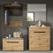 Lomadox Garderoben Set 4-teilig Garderobe mit Schuhschrank Sitzbank Garderobenpaneel Garderobenspiegel modern in Eiche mit grau