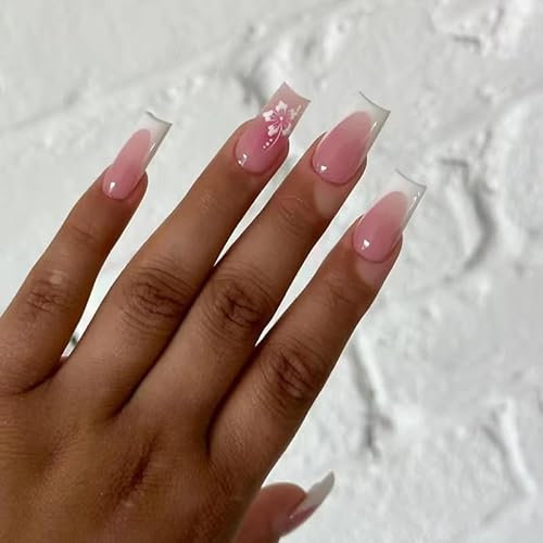 GlamRays Press on False Nails French Nails False Nails Medium Square Cute Flowers Nail Art Decoration French Shiny Manicure Acrylic Nails for Women and Girls Pack of 24