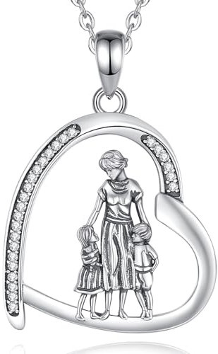 INFUSEU Mutter und Tochter Kette, 925 Silber Zwei Kinder Anhänger Mama Geschenk Stiefmutter Kind Halkette Mutter Sohn Schmuck Familienkette Geschenk Für Mama Frauen Unsere Dame