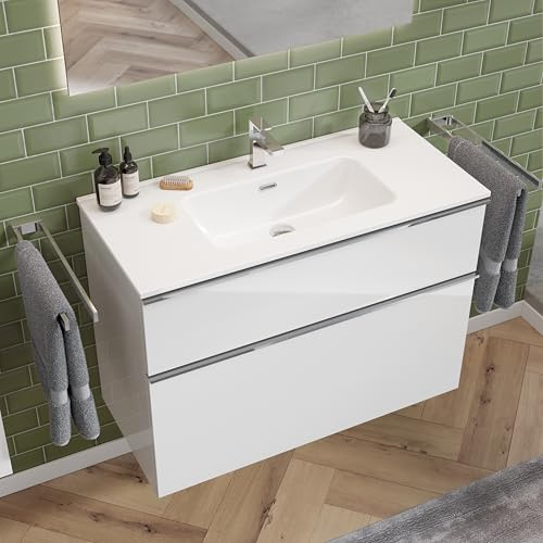 Zentrobad Griff Premium Waschbecken weiß mit Unterschrank 100 cm Waschtisch Badmöbel Badezimmer Schrank Badschrank mit 2 Schubladen (weiß glänzend lackiert)
