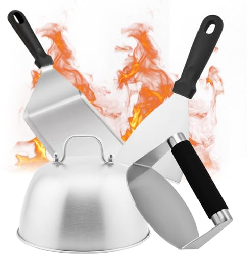 Kinfezlon 4-TLG Professionelles Edelstahl Smash Burger Set | Burger Smasher Set mit 1x Burger Smasher, 1X Burgerglocke, 2x Grillspachtel für Plancha Gasgrill Teppanyaki,Teppanyaki,BBQ