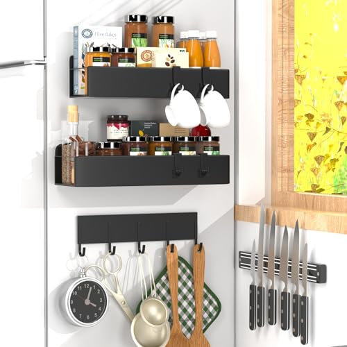 SUNHEARTH 4 Pack Magnetic Spice Rack for Refrigerator,Metal Magnetic Shelf Black with Hook,Knife Rack,4 Hooks,Space Saving for Home,Kitchen