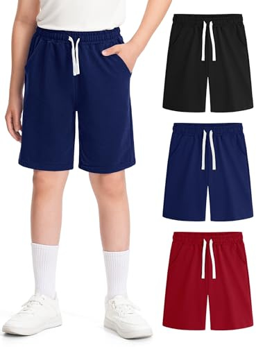 BOOPH 3 Pack Boys Shorts Boy Cotton Shorts Kids Summer Clothes with Pocket 13-14 Years Black/Navy/Wine Red