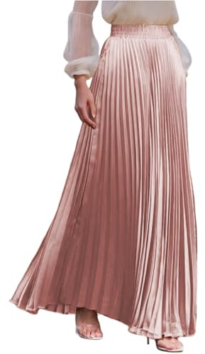Plisseerock Damen Lang A Linie Satin Rock Damen Elegant Festlich Hochzeit Faltenrock Maxi mit Gummizug Langer Röcke Sommer Plissee Maxirock Skirt Long Sommerrock Leicht und Luftig Damenrock