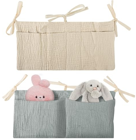 JWTRSVTY 2 Stücke Babybett Organizer Hängend, Kinderzimmer Hängender Bett Organizer, Baby Kinderbett Organizer, Babybett Aufbewahrungstasche, Für Betten Windeln Kleidung Spielzeug (Bohnengrün + Khaki)