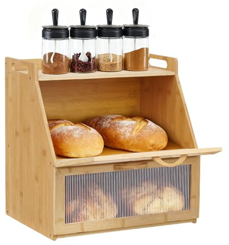 Keleef 2-Layer Bread Bin, Bamboo Bread Bins for Kitchen, Double Decker Bread Box Large Capacity Bread Storage with Stiped Window Door Panel, Breadbin for Homemade Bread 37.8x28x38.8cm