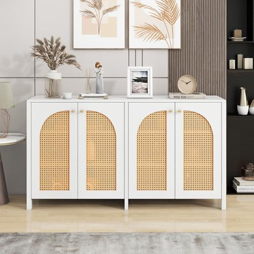 LZPUOUI Aparador Mueble Auxiliar Blanco 145 cm Buffet Salon con 4 Puertas de Ratan y estantes Regulables Armario Moderno en Madera MDF y Rejilla para Comedor Cocina recibidor casa