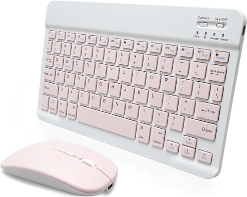 Bluetooth Pink Keyboard and Mouse Set for iPad Tablet Laptops, Rechargeable Wireless Universal Ultra Slim Mute Tablet Portable Travel Office Computer Keyboard for iOS Android Windows, UK Layout