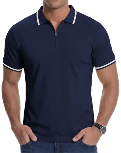 Focixfor Men's Polo Shirts Short Sleeve Quarter Zip Summer Casual Golf Striped Cuff Top T-Shirt Navy Blue L