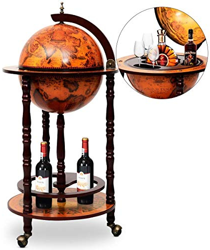 DREAMADE Mappamondo Bar Mobile Bar, Portabottiglie Scaffale per Vino con 3 Ruote, 88 x 45 x 45cm (medello 1)