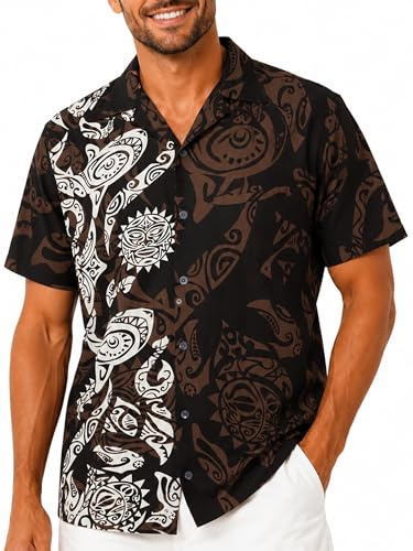 King Kameha Hawaiihemd Herren Kurzarm - Grünes Hawaii Hemd Männer Maori - Hemd Herren Kurzarm Hawaii Outfit - Hawaiian Shirts for Men - Maori, Brown,