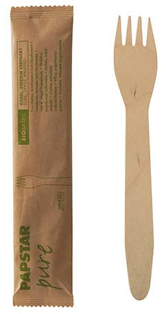 PAPSTAR 88006 50 Gabeln, Holzpure 15,5 cm natur einzeln verpackt in Papierbeutel >>Im Karton 500 Stück