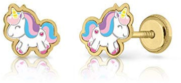 Orecchini in oro da bambina, 18 carati, motivo: Unicornios