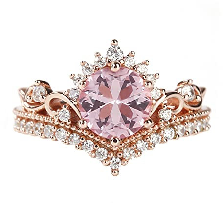 Kronen Design Damen Ring V-FormTrauringe Antragsring Verlobungsring Rundschliff synthetischer Morganit Sterling Silber Ring Zirkonia Promise Vergoldet ringe Jahrestag Geschenk (54(17.2))