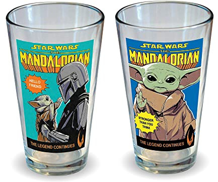 The Mandalorian Pint-Glas, 2er-Set – Baby Yoda Wein, Kaffee, Tee, Wasser, Biertrinkzubehör – Comic-Buch-Themen-Glaswaren in einer Box – Geschenk, Waren, Sammlerstücke – 473 ml