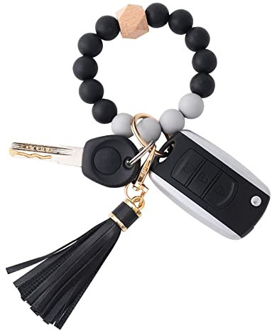 BAOSIWA Silikon-Perlenarmband, Schlüsselanhänger, Armreif, Ketten für Damen, mit Lederquaste, Schwarz, Einheitsgröße