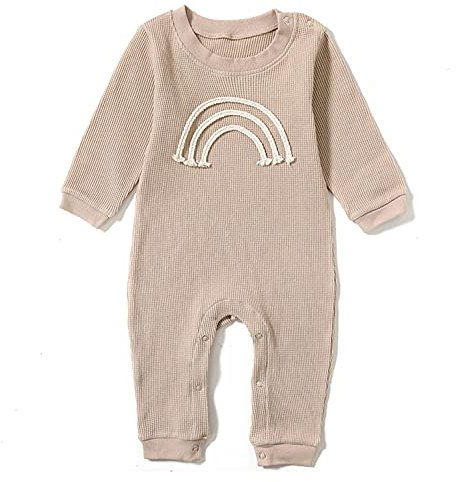 Verve Jelly Neugeborenes Baby Mädchen Jungen Regenbogen Strampler Rundhalsausschnitt Langarm Overall Einteiliges Outfit Herbst Kleidung Khaki 59 0-3 Monate