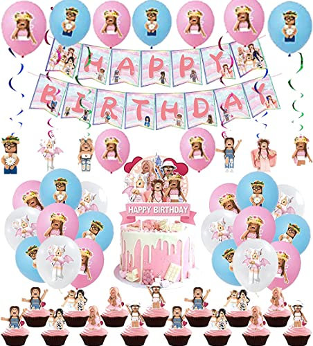 SMLHPARTY Birthday Decorations Roblox Pink Girl Balloons Roblox Happy Birthday Banner Hanging Swirl Ceiling Decorations Cake Topper Gaming Birthday Party Decorations