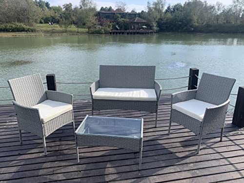 mcc direct 4pcs Large Full Size Rattan Outdoor Garden furniture sofa set with 2x Armchairs 1x Double Sofa & 1 table for indoor & outdoor (Roger) (Grey)